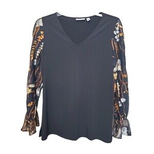 Susan Graver Black V-Neck Tunic with Sheer Floral Sleeves